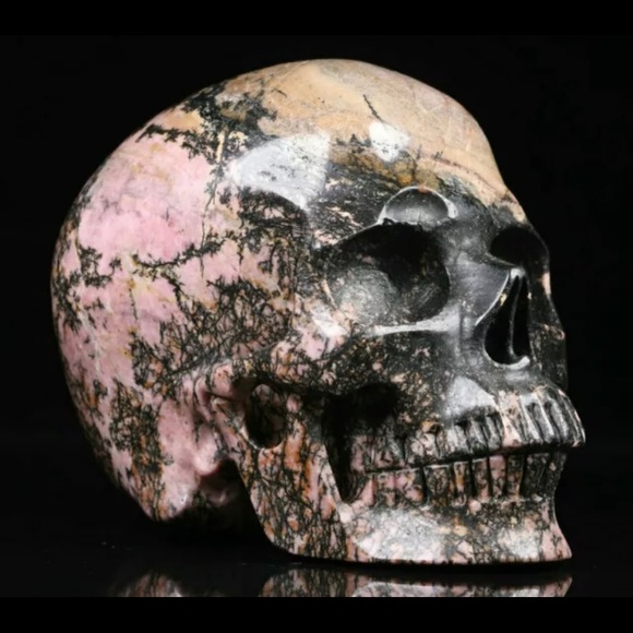 Huge 5.0" Pink & Black Rhodonite Carved Crystal Skull, Realistic - Picture 2 of 6